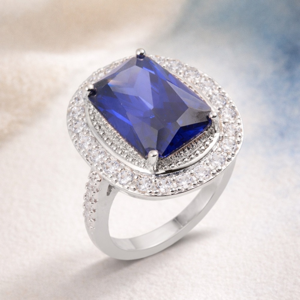 Simulated Tanzanite & White Diamond Halo Ring Emerald Cut Art Deco Silvertone